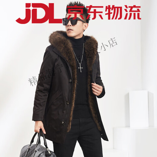 Winter new parka men's medium-length mink coat American raccoon fur collar hooded high-end men's custom-made black L 170