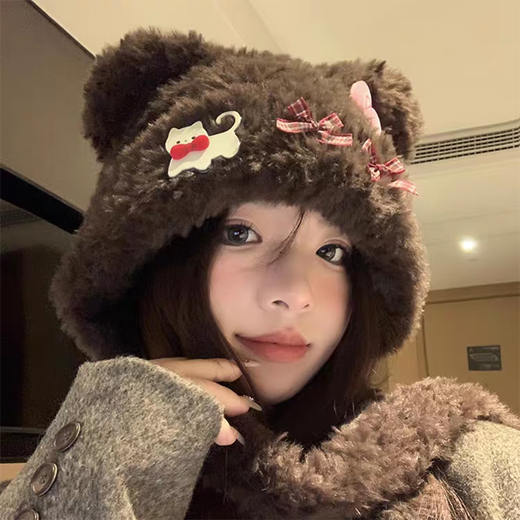 Colorful hat for women, cute little bear ears, cat bow plush hat, autumn and winter warm and ear-protecting Lei Feng hat, small face