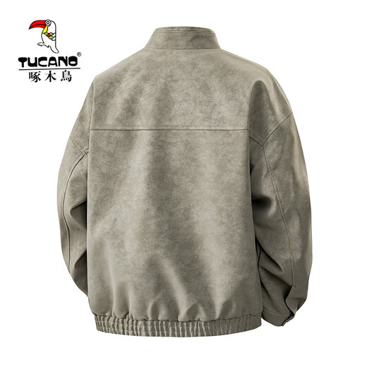 Woodpecker Jacket Men's Single Casual Jacket Trendy Slim Handsome Youth Autumn and Winter Fashion Motorcycle Leather Jacket Men's White Gray XL