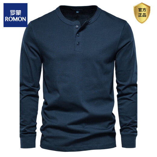 ROMON Henley shirt men's autumn heavyweight t-shirt cotton long-sleeved Henley collar men's business bottoming shirt slim fit top Navy S Weight 100-125 Jin Jin equals 0.5 kg