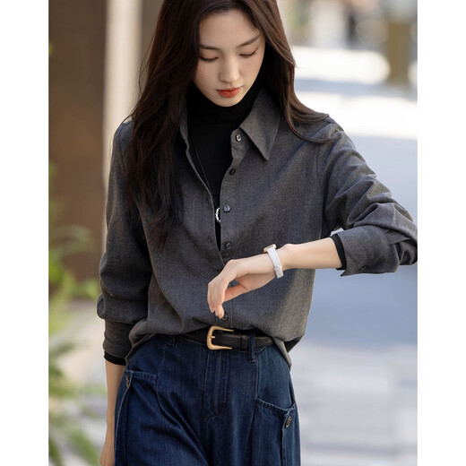 Demana brushed technology winter warm-toned time-tempered lapel patch pocket shirt straight loose shirt women's top