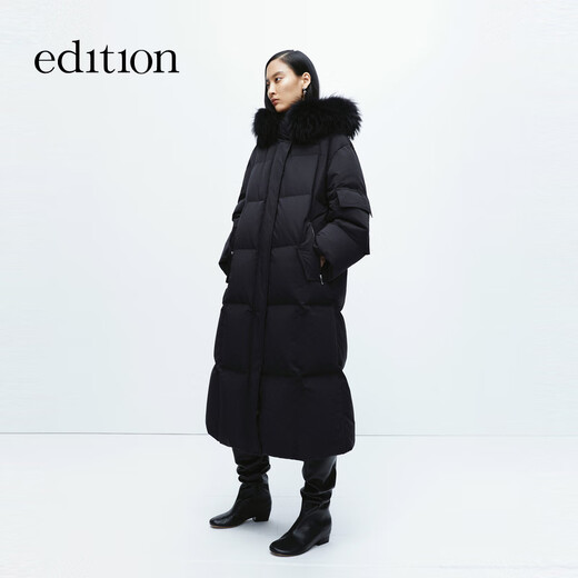 Edition down jacket women's raccoon fur collar hooded long windproof light warm goose down jacket black XS