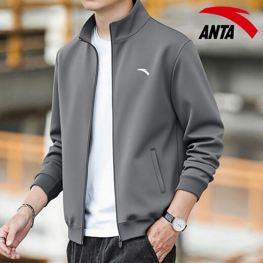 ANTA Soft Shell Sports Jacket Men's 2025 Autumn and Winter New Stand Collar Cardigan Loose Zipper Jacket Sports Casual Wear Top -3 Dusty Gray Regular Style L Suitable for 120-140 Jin Jin equals 0.5 kg