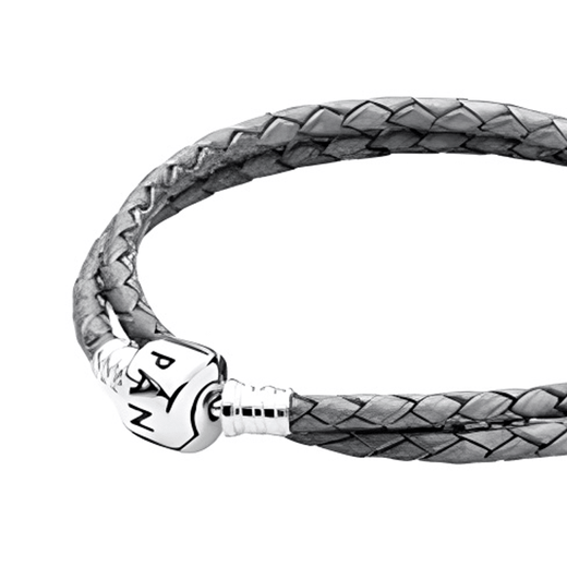 PANDORA double-circle braided leather metal bracelet unisex couple style gray gray 41 brand original box