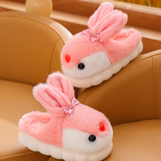 Pdmcms girls cotton slippers autumn and winter cute three-dimensional rabbit plush home shoes children's thickened warm anti-slip slippers for girls girls cute warm cotton slippers pink rabbit size 30-31 inner length about 19cm/suitable for 5-7 years old