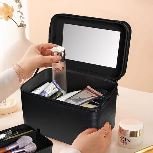 Cosmetic case with multifunctional capacity, simple and portable double-layered hand cosmetic bag, Internet celebrity cosmetics storage box with mirror, black cross pattern with partition mirror