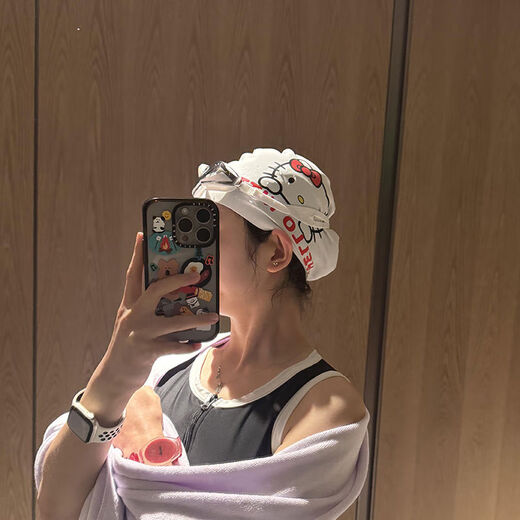 Hello kt swimming cap for women, special waterproof, long hair, big head circumference, high elasticity, cute swimming cap, good appearance, white Kitty cat swimming cap + pink nose clip earplugs, long-wearing, waterproof and anti-chlorine