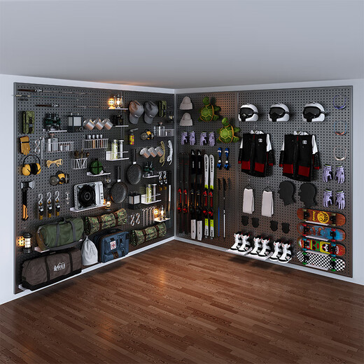 Mur de panneau de trou OQB, vélo de camping en plein air rack d'équipement de camping, accessoires à crochet en métal, stockage d'équipement de neige et mur suspendu, avec cadre, épaissis de 12040 cm-noir