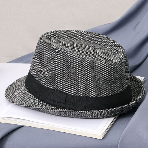 Qisman top hat for middle-aged and elderly men, autumn and winter British jazz hat, middle-aged gentleman hat, black small top hat, men's top hat, woolen black and gray, M size 56-58cm