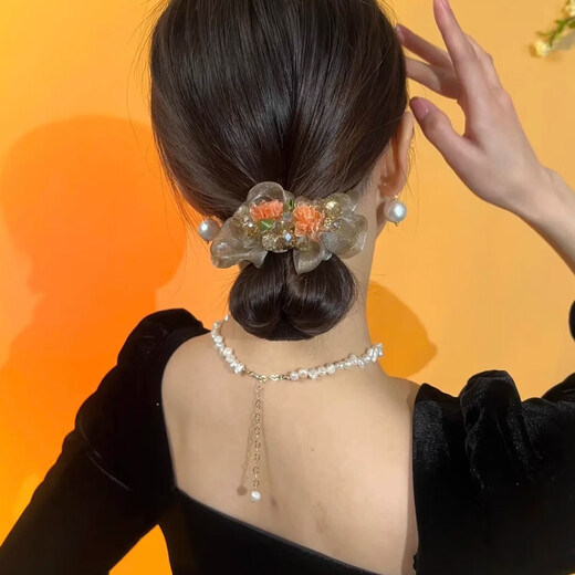 Light luxury mesh hairpin with rhinestone crystal large intestine hair tie for women, high elastic rubber band, low ponytail leather headband, champagne mesh