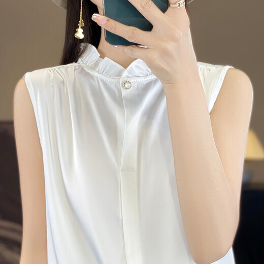 Light luxury and high-end smooth satin shirt for women, sleeveless inner layer with suit vest top, lace for age reduction, white XL 110-120Jin Jin is equal to 0.5 kg