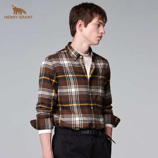 HENRY GRANT Henry Grant shirt long-sleeved coat top lapel men's autumn slim fit autumn plaid coffee color (QSC244170U211) 46 (170/88A)