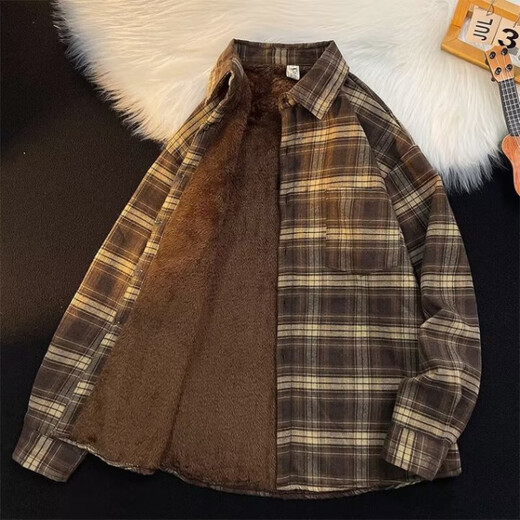 Autumn and winter retro plaid plus velvet thickened shirt men's American retro trendy brand loose coat long-sleeved shirt brown plus velvet XL recommended 120-140Jin Jin equals 0.5 kg