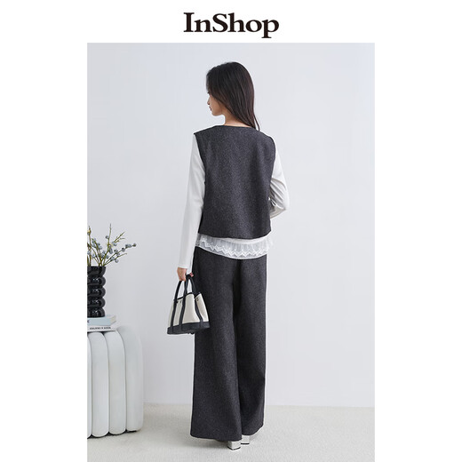 InShop shopping mall same style new women's commuter v-neck vest with long-sleeved top and wide-leg trousers three-piece set, dark gray L
