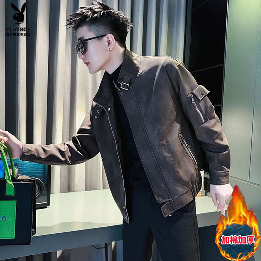 Мужская кожаная куртка с воротником-стойкой Playboy (PLAYBOY) с утолщенным топом на осень и зиму 2025 года, новая высококачественная красивая мотоциклетная кожаная куртка для мужчин кофейного цвета A343-JK180 M