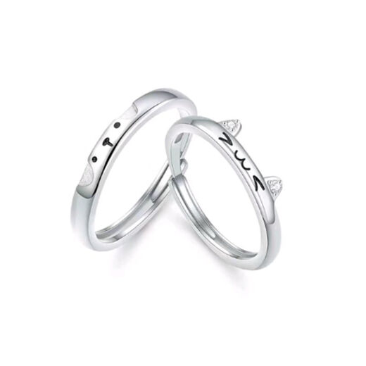 Lao Fengxiang's pure silver cat and dog sticker couple's ring exquisite confession of love anniversary gift gift box for girlfriend # Pure Silver-Kitten and puppy ring