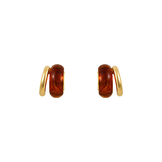 Pumanzhuji Maillard vintage amber 18K gold earrings 2025 new light luxury autumn and winter earrings asymmetric tiger eye stone one for two wear