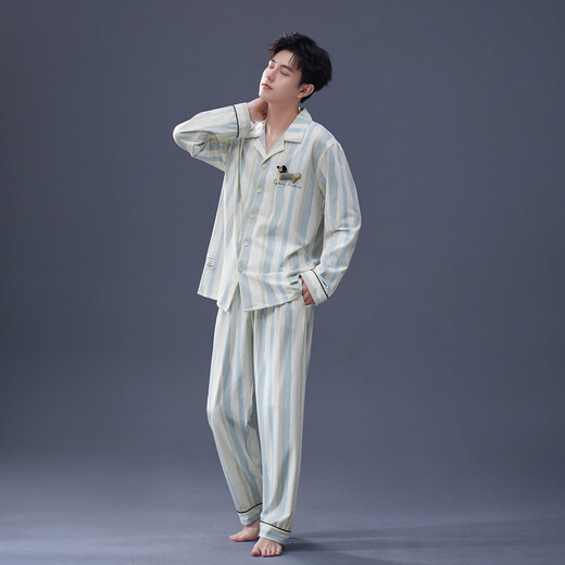 Mrs. Slee Sleep TIGHT pajamas couple wear for one man and one woman spring and autumn 2025 new pure cotton long-sleeved light luxury style striped men's home wear M98395-Men's L