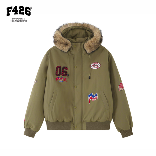 F426 Zhao Lusi's same style winter new American retro hooded fur collar parka cotton jacket military green S