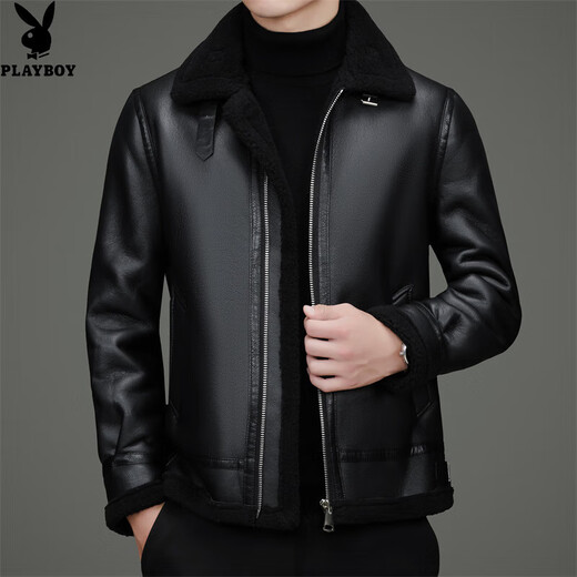 Playboy Plush Leather Jacket Men's Winter Thickened Warm Leather Jacket Fur All-in-One Jacket Fashion Casual Leather Jacket Black XL