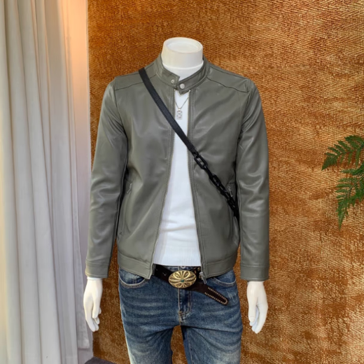 JAGR trendy brand leather jacket men's casual imitation leather jacket top versatile trendy men's jacket gray green M