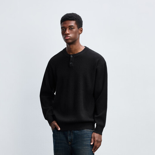 CHINISM Red Dust Anti-pilling Micro Loose Henley Neck Sweater Winter Men's Sweater Black S