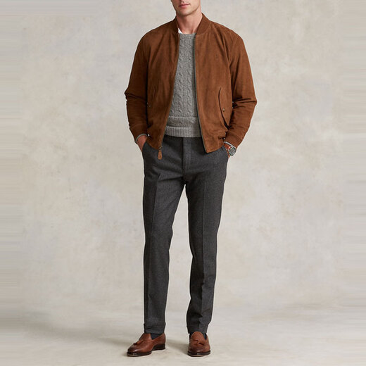 RALPH LAUREN Ralph Lauren SS22 однотонная кашемировая кожаная повседневная кожаная куртка на молнии с длинными рукавами для мужчин коричнево-коричневая M