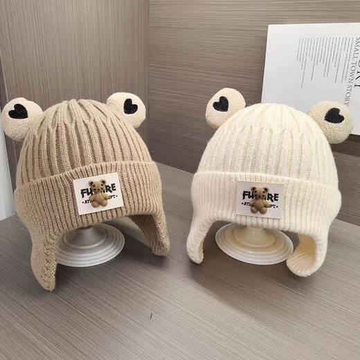 Baby hat autumn and winter knitted woolen hat for boys and girls cute bear infant ear protection warm hat winter beige single layer + 3-36 months (44-52cm) + elastic