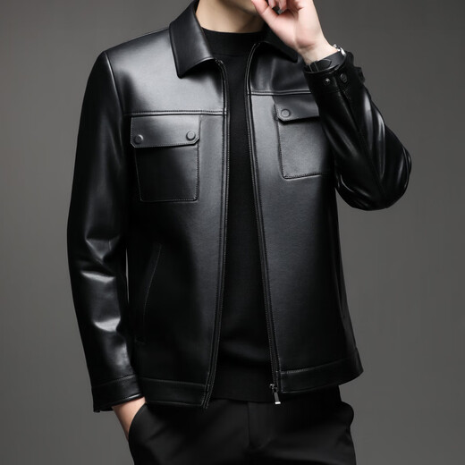 KBXNG Jinba Lapel Pocket Motorcycle Handsome Genuine Leather Jacket Men's Youth Popular Velvet Large Size Haining Military Work Suit Black Genuine Leather Counter Quality M 80-100Jin Jin is equal to 0.5 kg