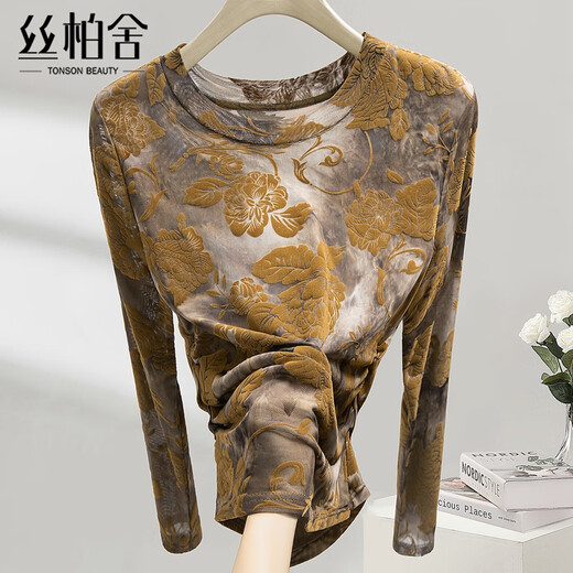 Cypress flower flocked mesh long-sleeved T-shirt for women 2025 autumn new style round neck slim slimming bottoming shirt