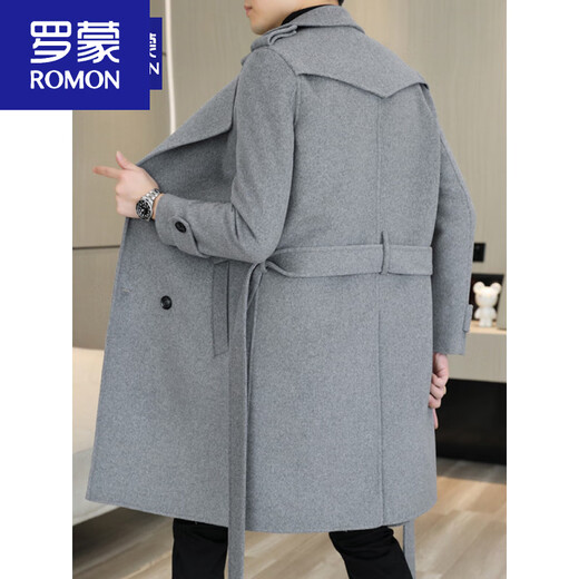 ROMON woolen coat men's mid-length handsome belt slim cashmere woolen coat wool double-sided woolen windbreaker black. M 170 recommended 90-110 Jin Jin equals 0.5 kg