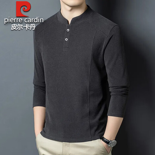 Pierre Cardin 2025 Autumn and Winter Reversible German Velvet Stand Collar Sweatshirt Men's Henley Collar Bottoming Shirt Trendy Versatile Long Sleeve T-Shirt Black D509 XL Recommended 130-150Jin Jin equals 0.5kg