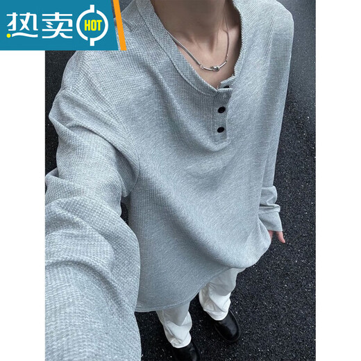 Pupan long-sleeved T-shirt men's Henry collar bottoming shirt heavy-weight long-sleeved T-shirt men's spring and autumn American street fashion brand high-end loose gray 2XL 145-165Jin Jin equals 0.5 kg