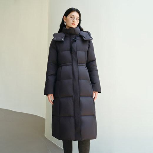 Ai Lai Puff Down Jacket Women's Winter Long Hooded Drawstring Waist Slimming Warm Duck Down Jacket Moon Night Black M