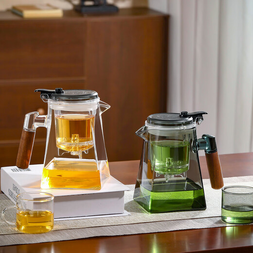 Heat-resistant glass teapot set, elegant pot, tea cup set, tea tray, button filter, large capacity wooden handle household tea set, transparent wooden handle square elegant teapot + 4 transparent handle cups