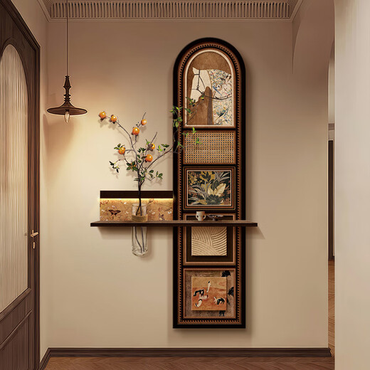 Yujian Erzhong ancient style entrance hall decorative painting hydroponic green plants corridor aisle hanging painting 2025 new entrance door facing mural lamp A style + FZH04 + FZH23 - ancient spelling elegance 40*80cm - vase 20 frameless double layer three-dimensional texture sandstone painting ordinary style (without lights)