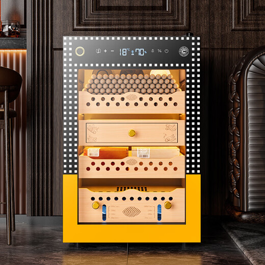 Shantou Lincun Qielong fingerprint lock cigar cabinet constant temperature and humidity cedar wood shelf water ion removal of ammonia alcohol WIFI cigar cabinet 60C cigar basket Cuban style ammonia purification + WiFi + fingerprint lock + cedar