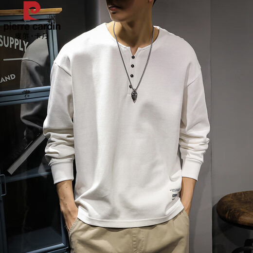 Pierre Cardin autumn and winter heavyweight inner wear men's long-sleeved T-shirt loose large size American fashion brand top Henry collar bottoming shirt sweatshirt white M suitable weight 90-130Jin Jin is equal to 0.5 kg
