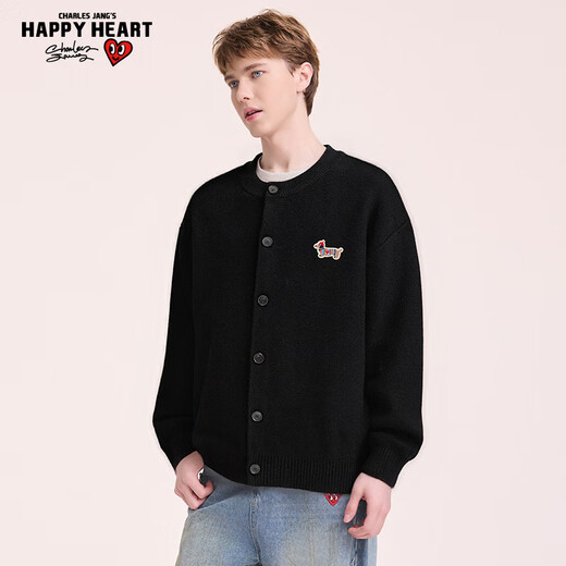 Charles Heart Simple Retro Cardigan Button Sweater for Men and Women Autumn and Winter Embroidered Sweater Couple Tops Black M