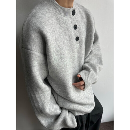 Du Xiaoxian light gray Henry collar sweater men's autumn and winter lazy style high-end sweater American retro loose jacket light gray No rival at the same price M Recommend 80-100Jin Jin equals 0.5 kg