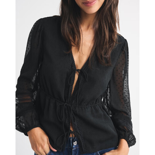 Abercrombie & Fitch Women's 25 New Autumn Style American Style Versatile Loose V-neck Tie Cardigan Long Sleeve Top 140-5315 Black S (165/88A)