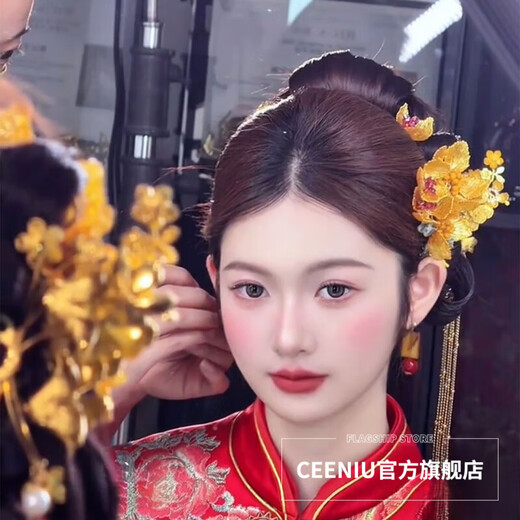 CEENIU bridal Chinese style headwear niche personalized imitation golden flower hair accessories Xiuhe suit dragon and phoenix gown morning gown cheongsam accessories pair (with clip on the back)