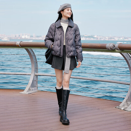 Xiangying Lightweight Down Jacket Women's Short 2025 Winter New Style Spliced Lapel 90 White Duck Down Dark Gray Jacket Dark Gray L 165/88A/110-125Jin Jin is equal to 0.5 kg