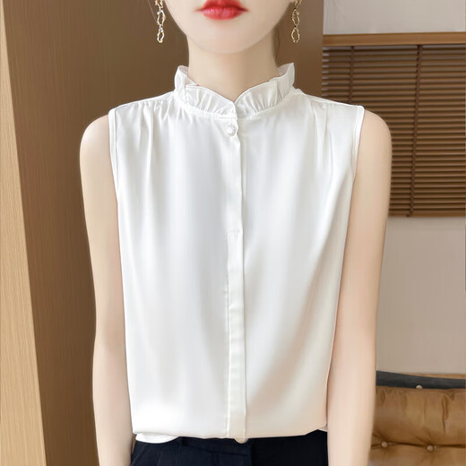 Light luxury and high-end smooth satin shirt for women, sleeveless inner layer with suit vest top, lace for age reduction, white XL 110-120Jin Jin is equal to 0.5 kg