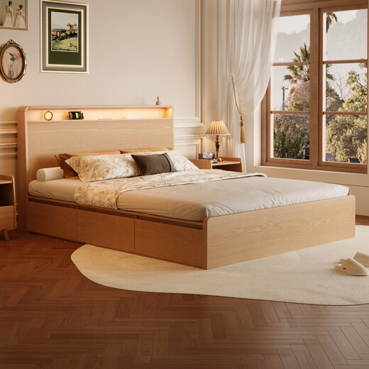 Zhenxiangjia all solid wood bed double bed modern simple oak high box bed air pressure storage bed with drawer bed bedroom furniture solid wood color | oak bed (single bed) luxury version thickened row frame 1.8*2.0m air pressure structure