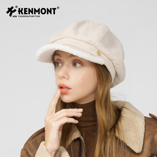 Kenmont goat cashmere cloud octagonal beret women's autumn and winter large head circumference lamb wool warm plush duck bill painter hat Hepburn black M suitable for head circumference_(55-58c)