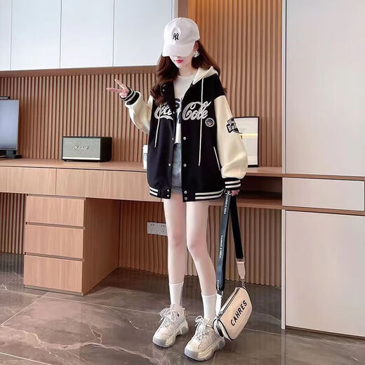Girls' hooded jacket autumn and winter 2025 new children's fashionable medium and large children's fashionable baseball uniform sports autumn clothing plus velvet black thickened alpaca 170 (recommended height is about 160cm)