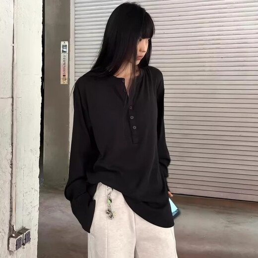 BO+BOXY short wide Henry collar loose bottoming top is soft, comfortable, versatile and figure-flattering, multi-color optional long-sleeved T-shirt, black L