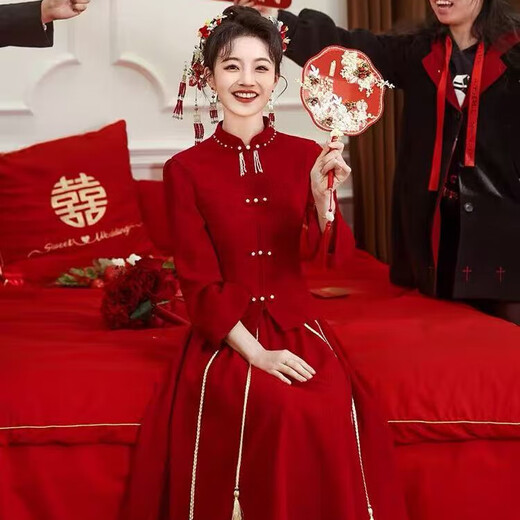 Spring Man Toast Wear Bride Burgundy Chinese Engagement Dress Home Casual Wear 2025 New Small Dress Suit Burgundy M