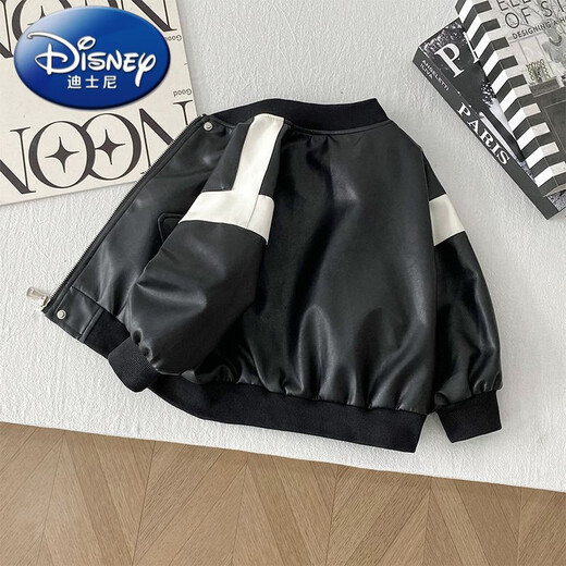 Disney children's leather jacket boys handsome motorcycle jacket baby spring new fleece top leather jacket black fleece 90 cm